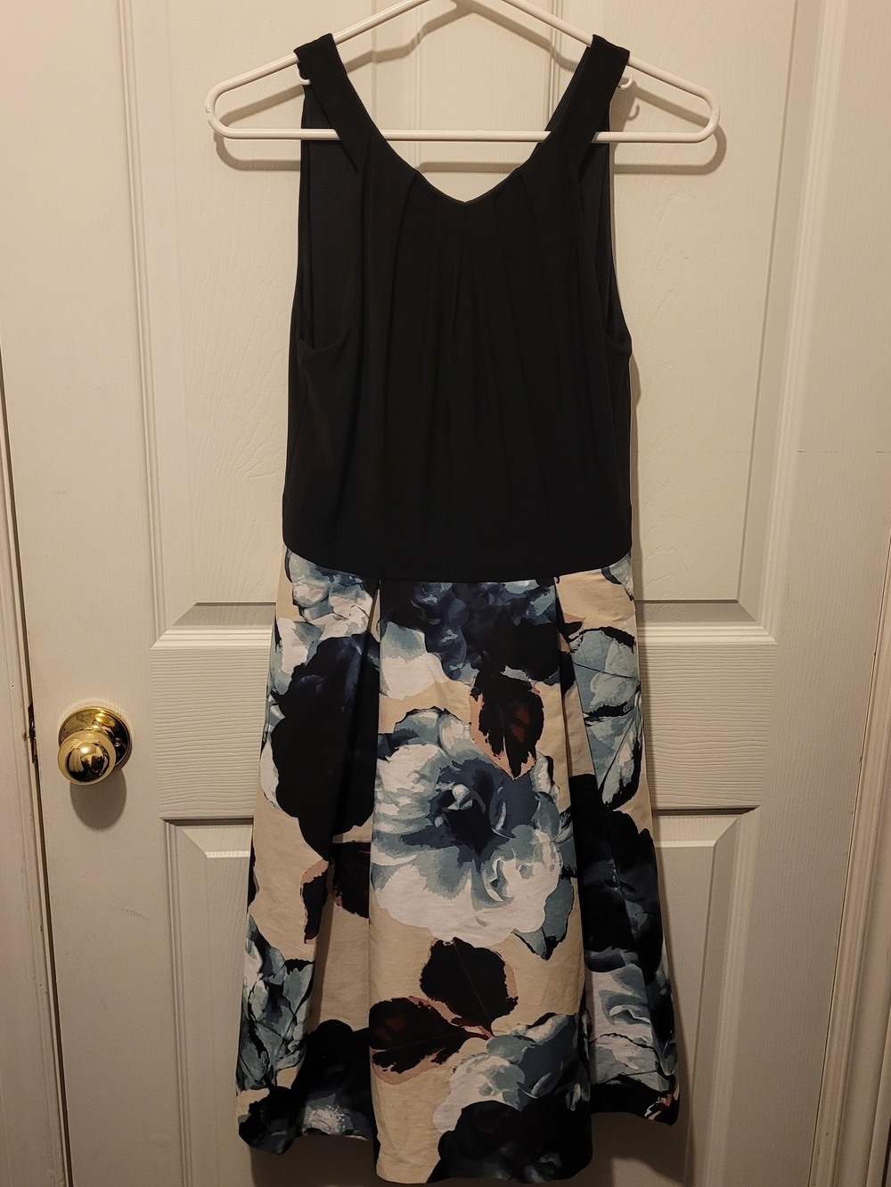 le chateau Black Bodice with Blue & Cream Floral Midi Dress